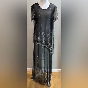 Vintage 90s Rabbit RabbitRabbit Embroidered Mesh Maxi Dress Sheer Layering Piece